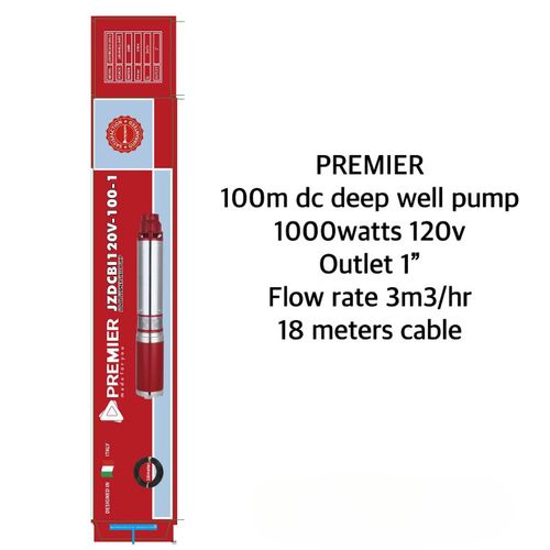 Premier 100m DC Deep Well Solar Submersible Pump 1000W 120V Flow Rate